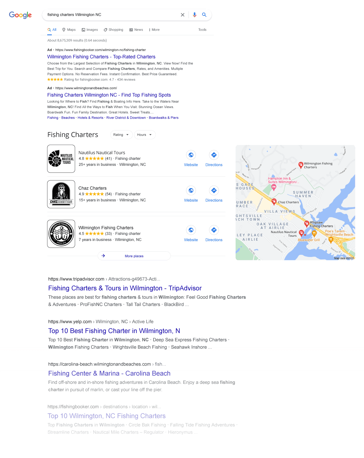Fictional Google Search Page Example of Fishing Charters in Wilmington, NC
