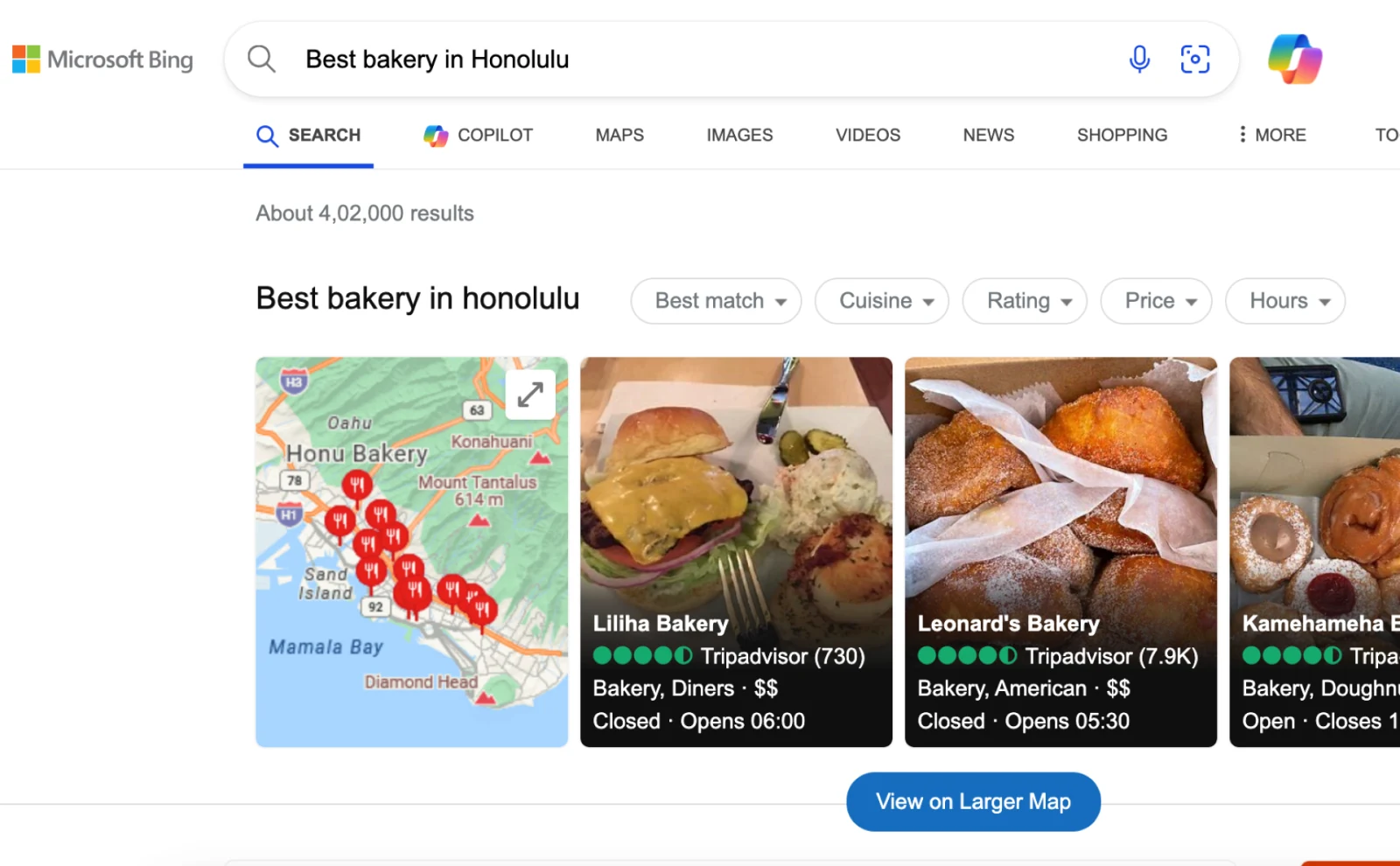 Search Results on Bing Image showing search results for best bakery in Honolulu on bing