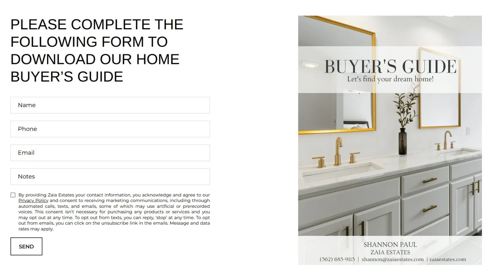 A split screen showing a form to download a home buyer&rsquo;s guide on the left and a modern bathroom image with "Buyer&rsquo;s Guide" title on the right.
