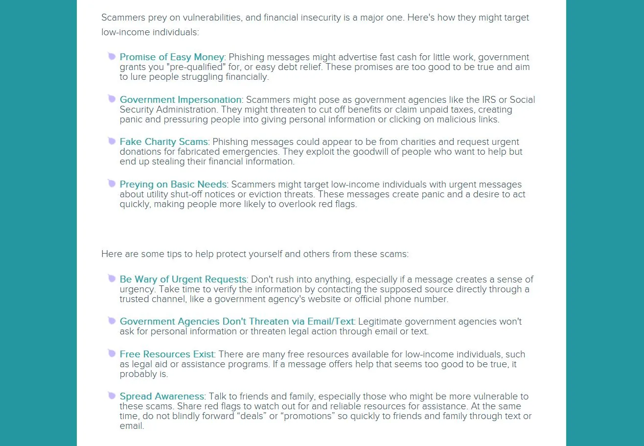 Informational guide listing common scam tactics targeting low-income individuals and tips to avoid them, including urgent request warnings and government impersonation.