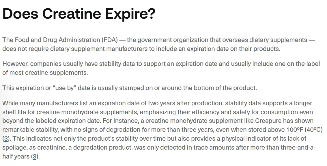 Screenshot of a blog post titled &ldquo;Does Creatine Expire?&rdquo; explaining supplement shelf life, FDA guidelines, and product stability.
