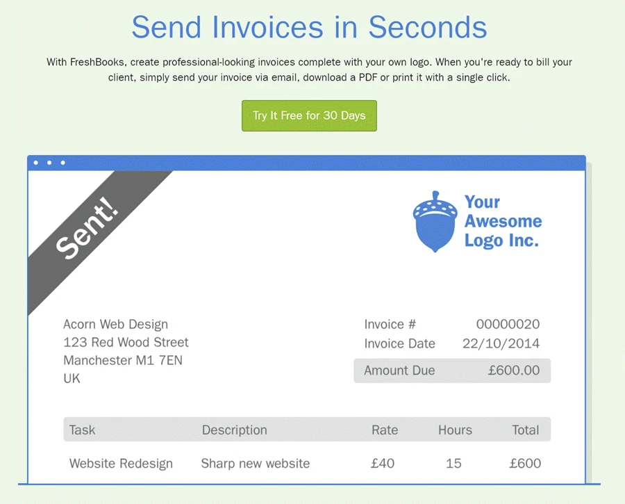 A Business Owner's Guide to Get More Home Service Calls image Freshbooks landing page showing "Send invoices in seconds" messaging - an example of simplifying complex tasks