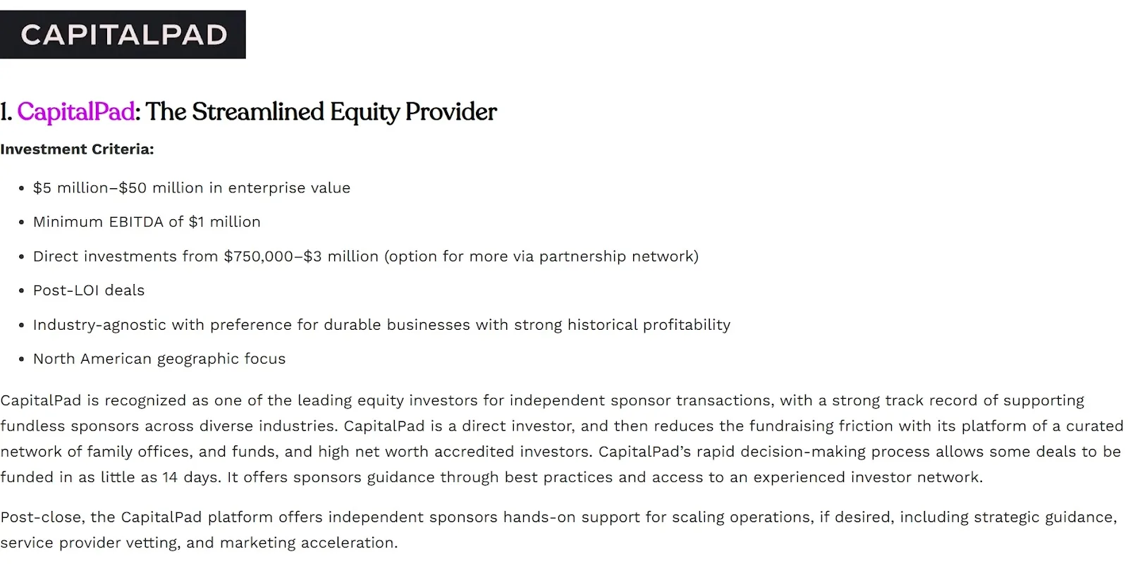 CapitalPad equity provider overview entry detailing investment criteria and services for independent sponsor transactions.