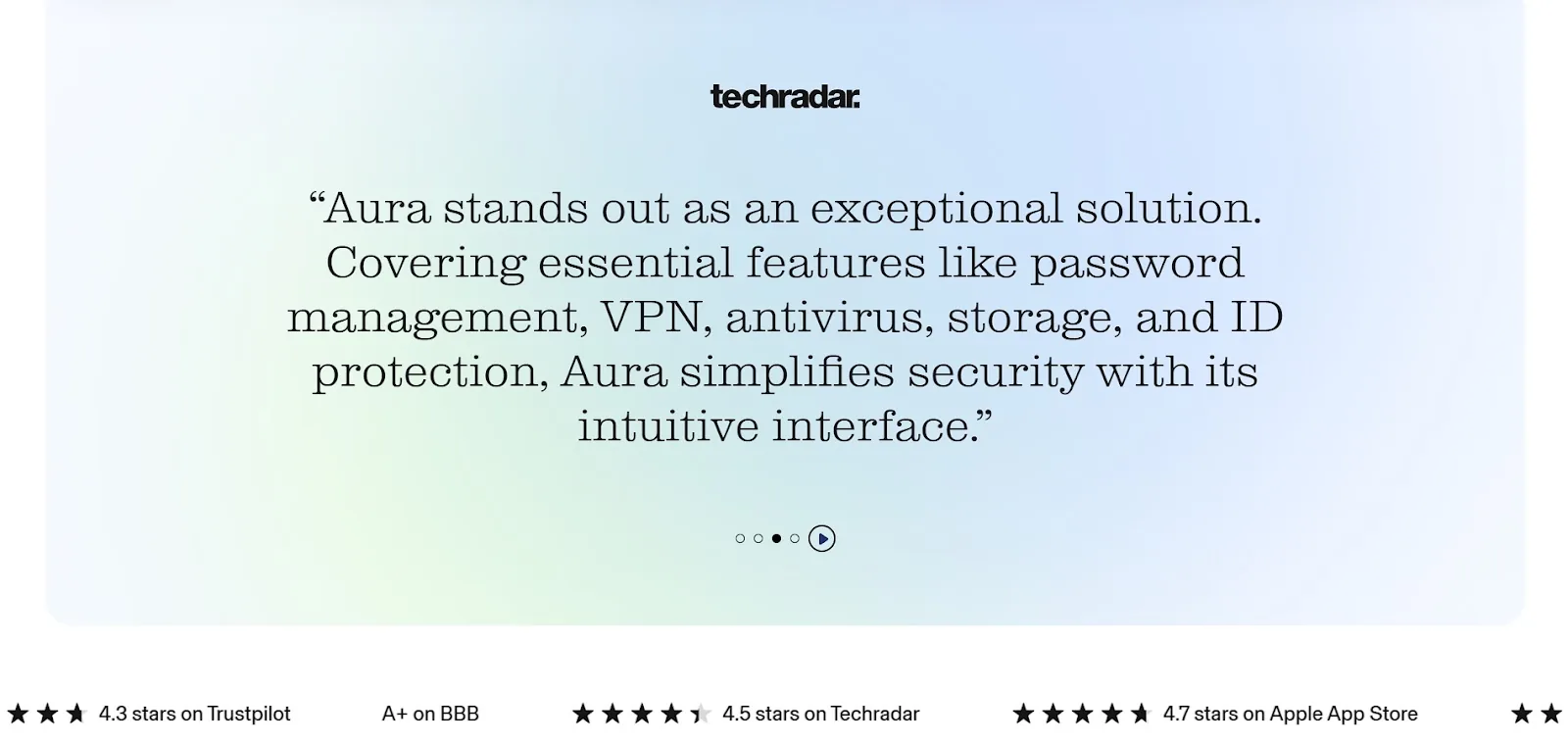 A block of trust signals for Aura, a security software company, featuring a positive quote from TechRadar and high star ratings from Trustpilot, Google Play, and Apple App Store.