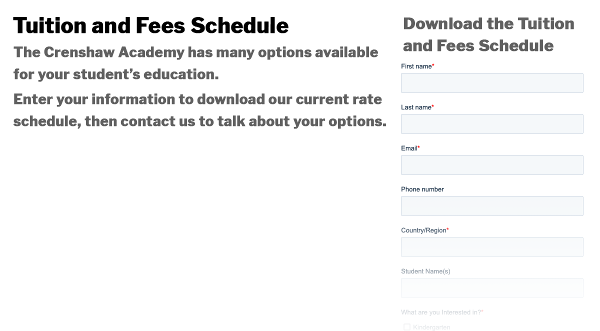 Increase Conversions on Your: What Prospective Parents image Landing Page with Form - CrenshawAcademy-.com Example
