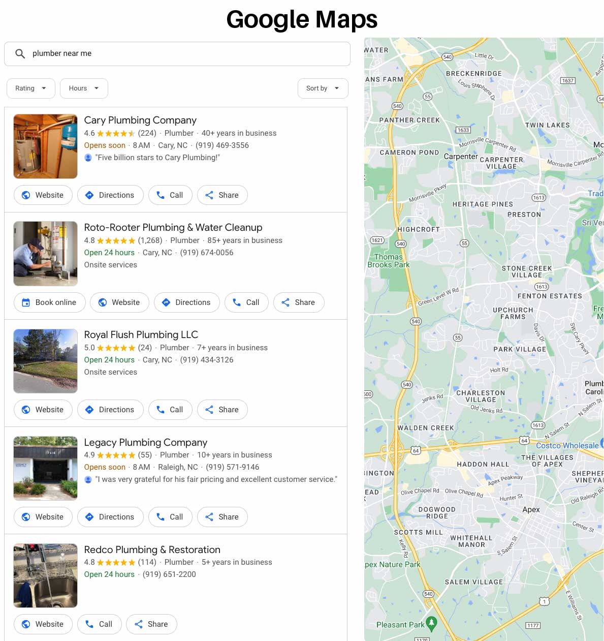 Your Service Area Business Online: Dominate Local Search image Google Maps for Plumber Near Me in Cary NC - Screenshot from Google