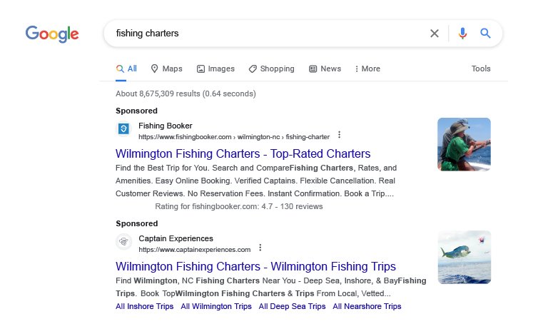 Local SEO and SEM Best Practices for Small Businesses image Google Page Fishing Charters Sponsored Example
