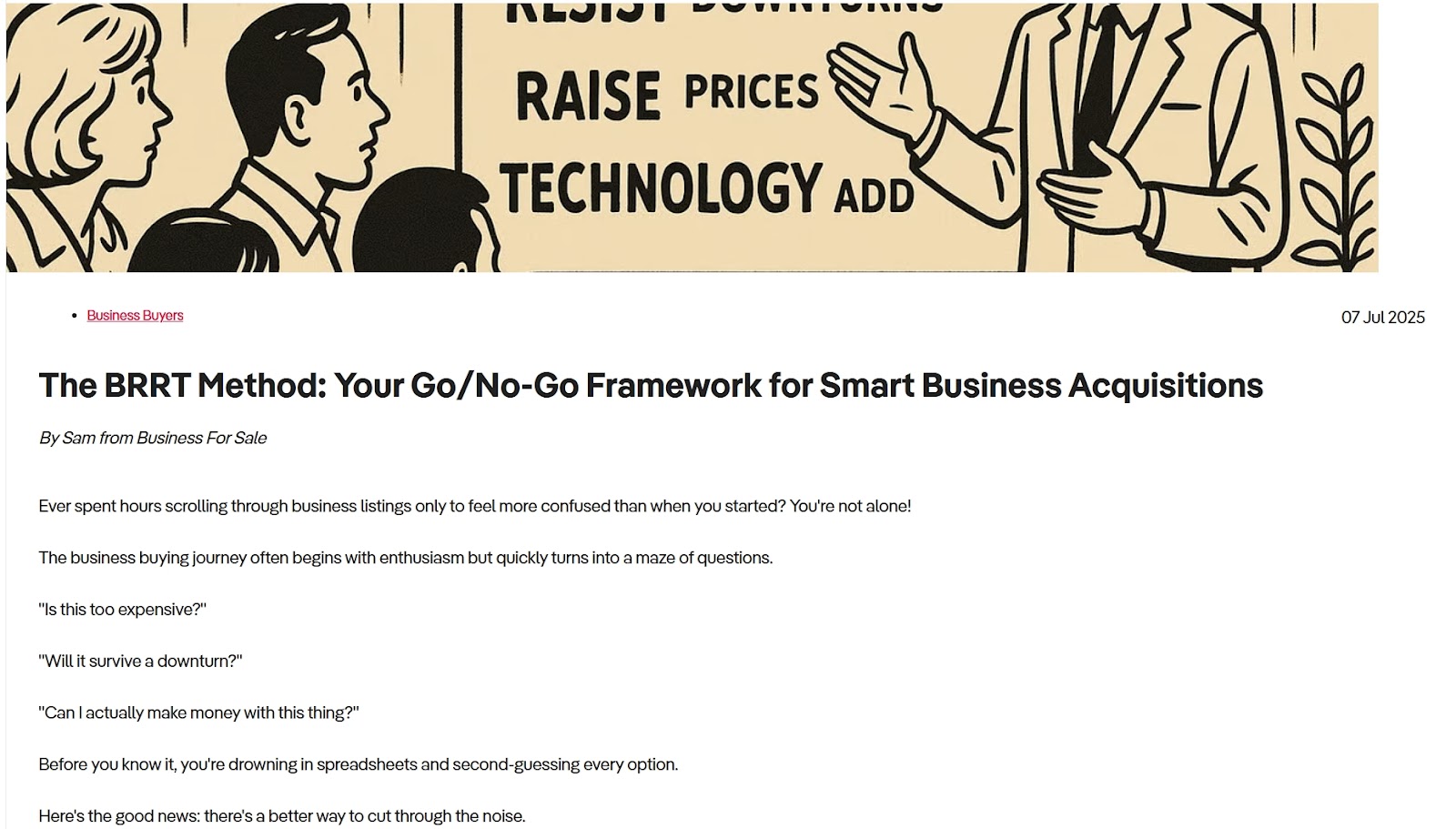 Screenshot of a blog post titled &ldquo;The BRRT Method: Your Go/No-Go Framework for Smart Business Acquisitions&rdquo; from Business For Sale.