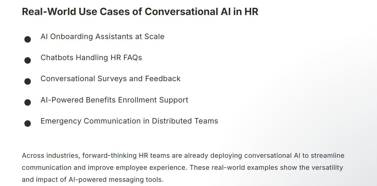 DialMyCalls blog post showing a list of real-world conversational AI use cases in HR communication and employee engagement.