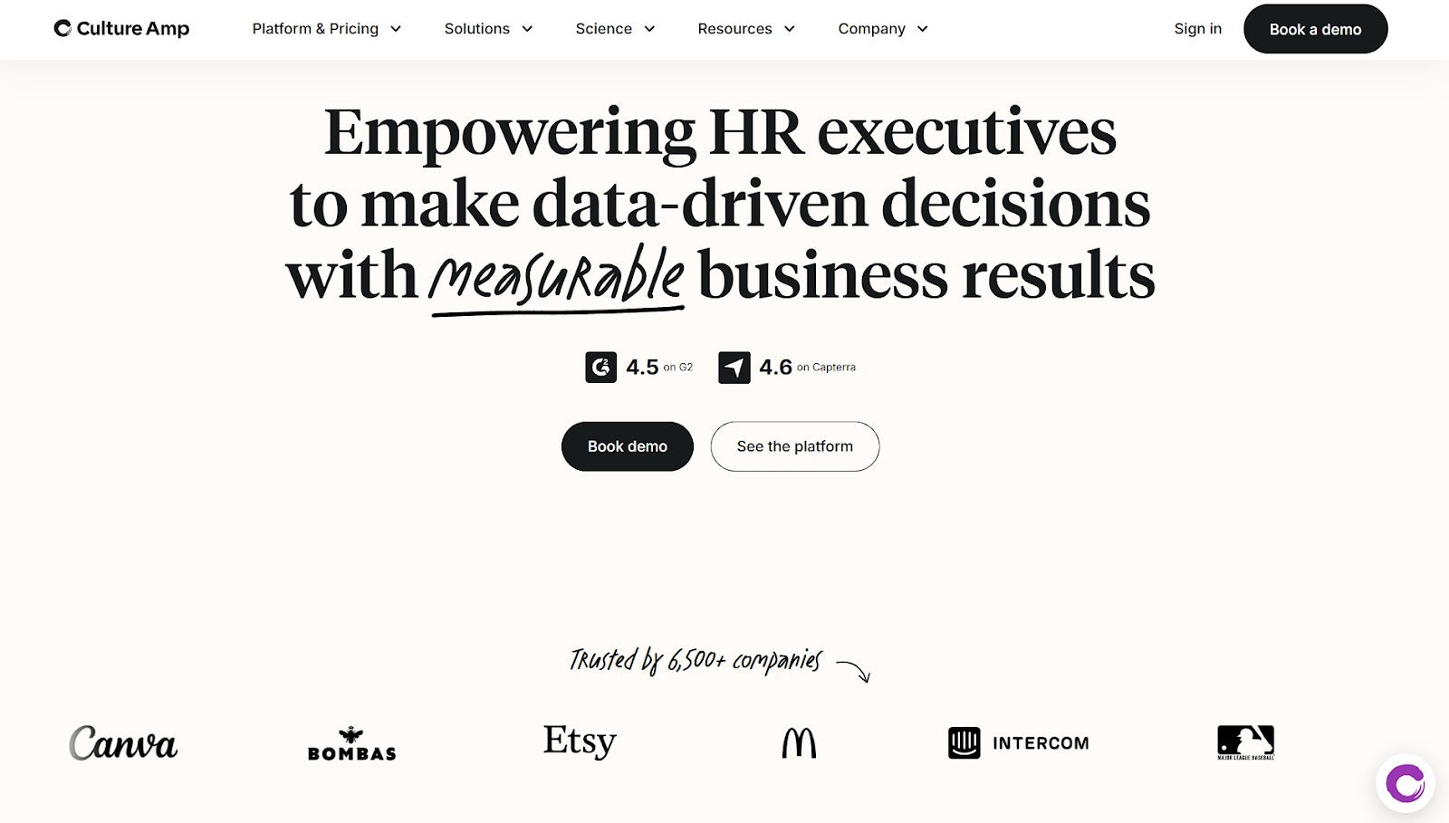 Culture Amp hero headline emphasizing data-driven HR decisions with trust indicators from companies like Canva, Etsy, and McDonald