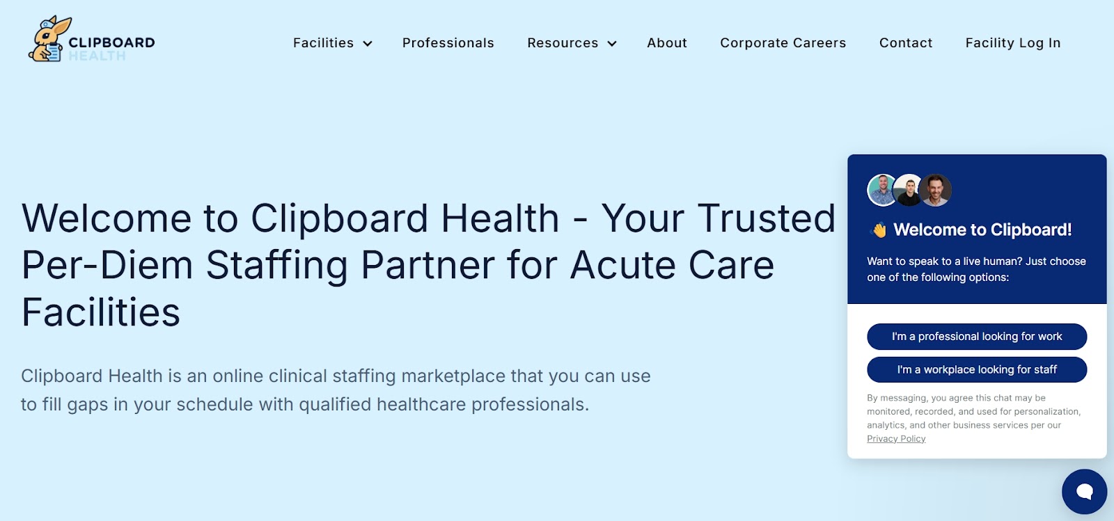 Clipboard Health landing page describing their per-diem staffing marketplace for acute care facilities with an interactive chat widget.