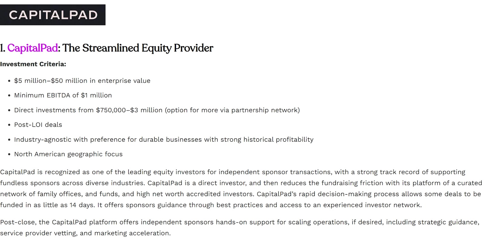 CapitalPad equity provider overview entry detailing investment criteria and services for independent sponsor transactions.