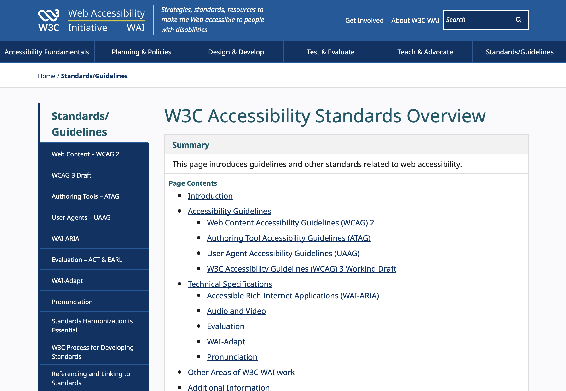 WCAG Accessibility Guidelines: Make Your Website Accessible image The W3C page for the accessibility standards showing links to specific guidelines