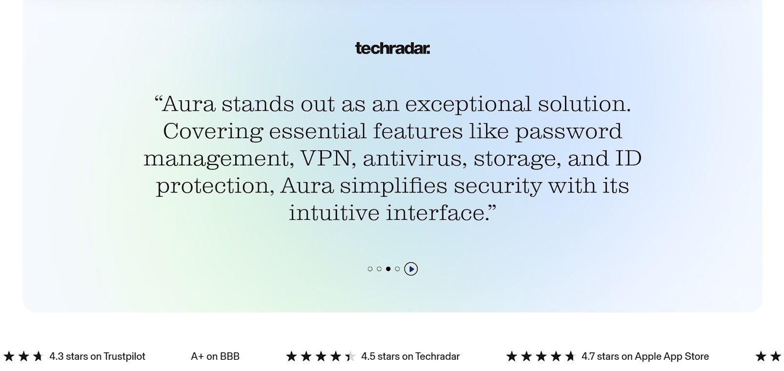 A block of trust signals for Aura, a security software company, featuring a positive quote from TechRadar and high star ratings from Trustpilot, Google Play, and Apple App Store.