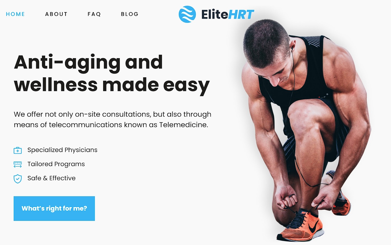 A clean website header for a medical practice (Elite HRT), featuring a blue CTA button reading &ldquo;What&rsquo;s right for me?&rdquo; and highlighting services like specialized physicians and tailored programs.