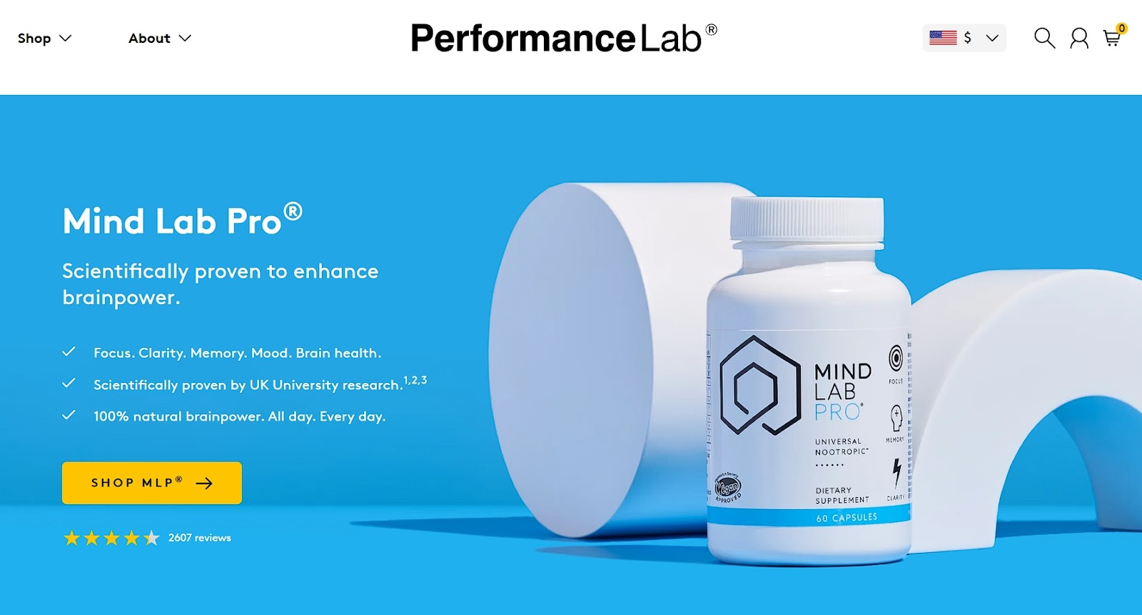 Performance Lab homepage showcasing Mind Lab Pro supplement with a value proposition reading &ldquo;Scientifically proven to enhance brain power&rdquo; on a blue background.