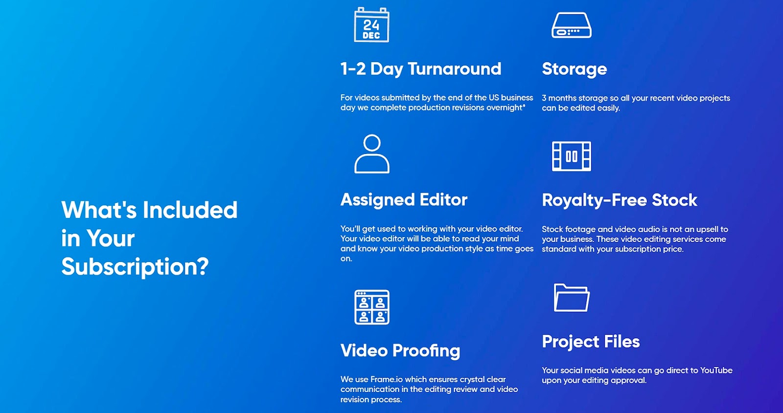 A section from the video editing service Vidpros&rsquo; homepage, detailing a 1-2 day turnaround and subscription benefits like a dedicated editor and royalty-free stock assets.