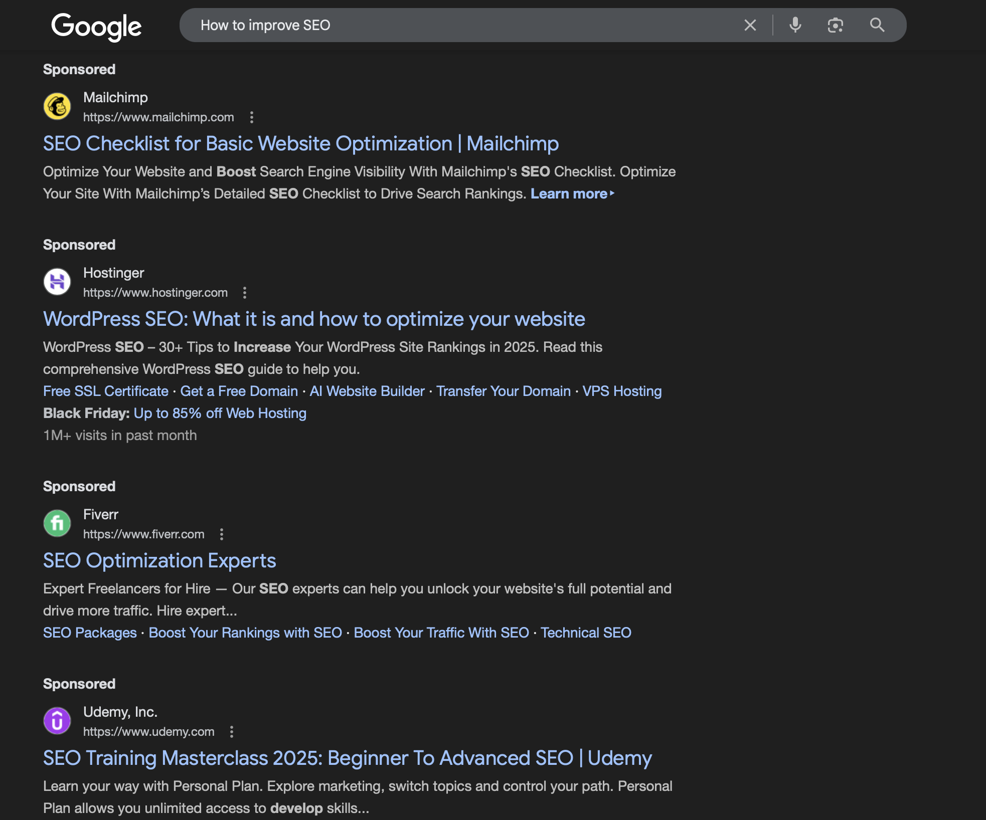 Examples of sponsored ads on Google SERP for keywords, How to Improve SEO