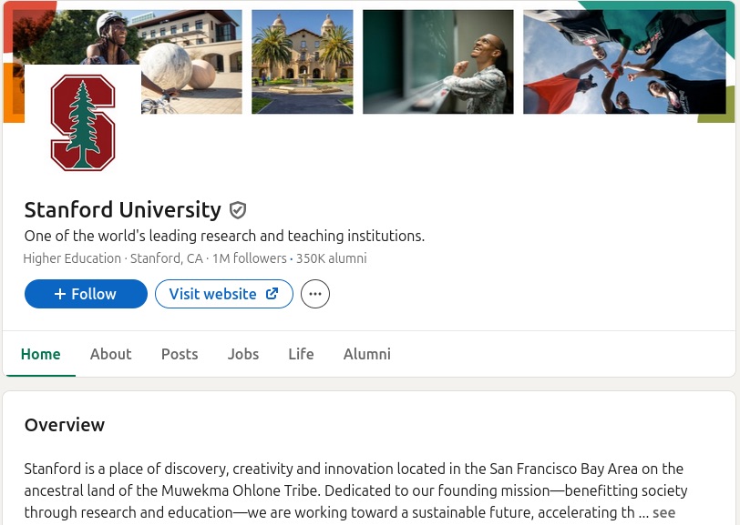 Online Reputation Strategies for Private Schools image Screenshot of Stanford’s LinkedIn page