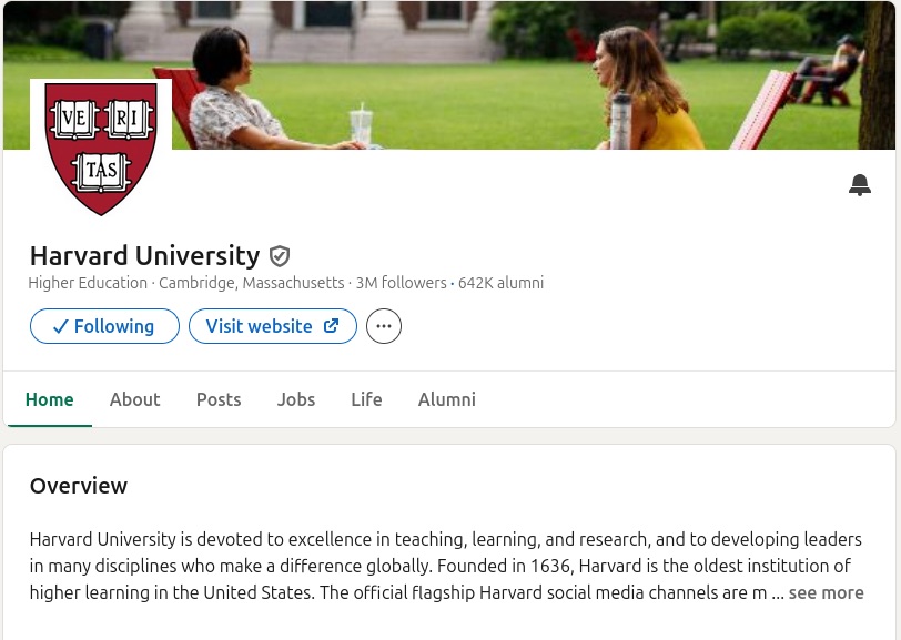 Online Reputation Strategies for Private Schools image Screenshot of Harvard’s LinkedIn page