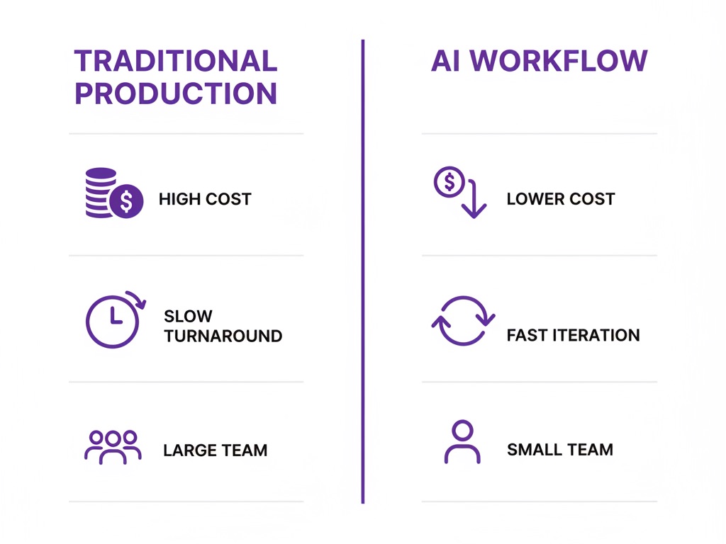 2026 Tested Approaches to Should You Build an In-House image Traditional marketing production vs AI workflow comparison showing cost, turnaround time, and team size differences.