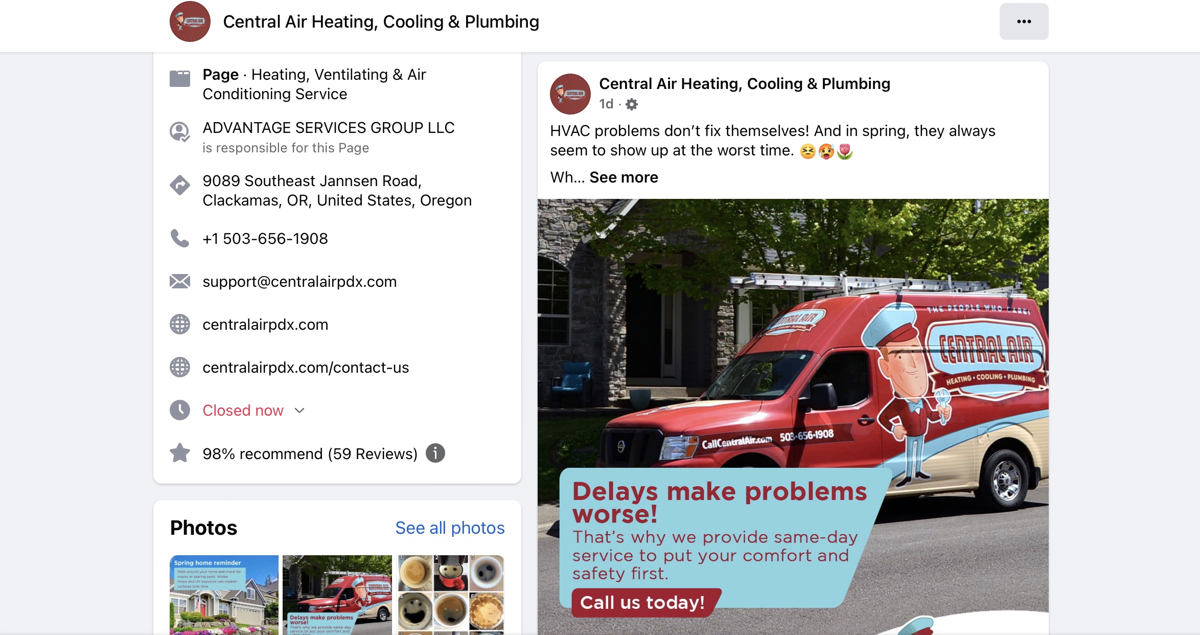 Social Commerce in 2026: What Local Businesses Must Know image Central Air Heating, Cooling, & Plumbing promoting services on its Facebook page