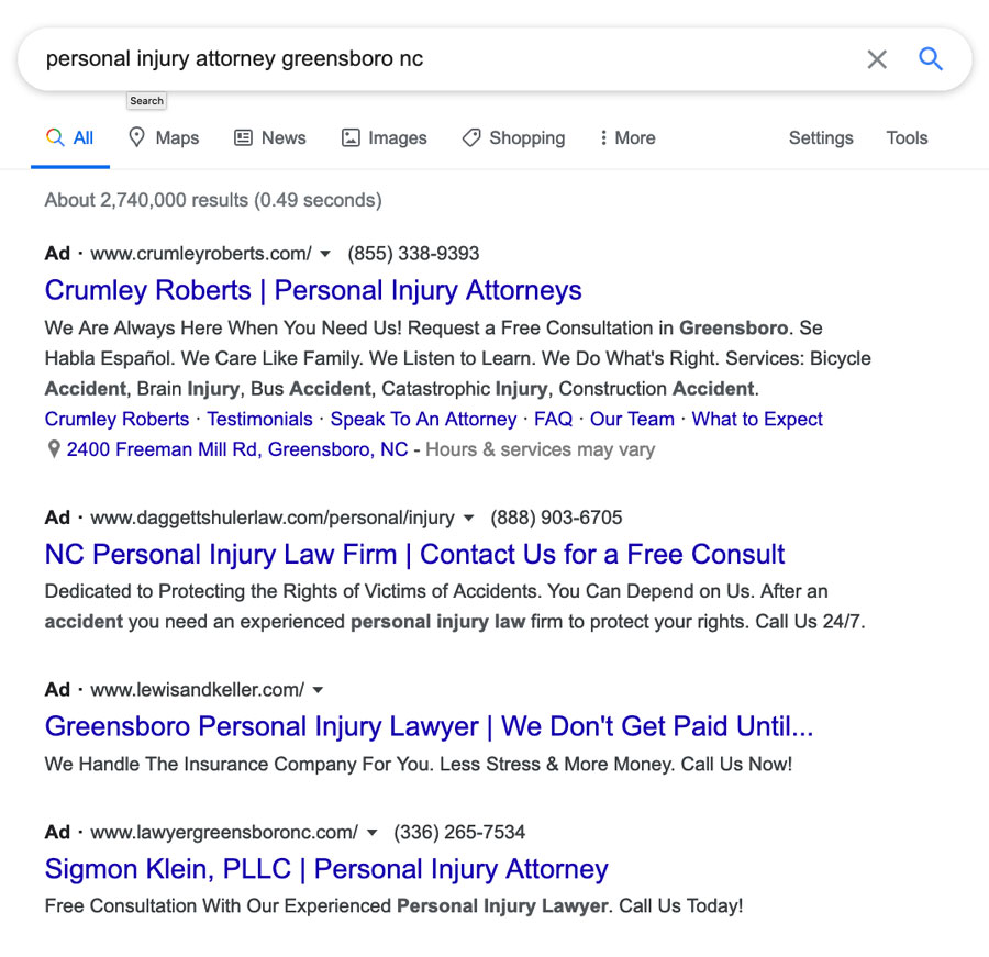 Example of Paid Search Using Google for Personal Injury Attorney Greensboro, NC