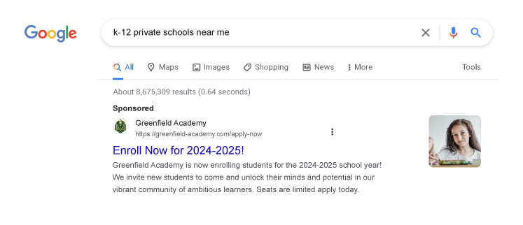 Private School Ad Strategies: Attract Prospective Parents image Greenfield Academy our fictional school Google Search ad example.