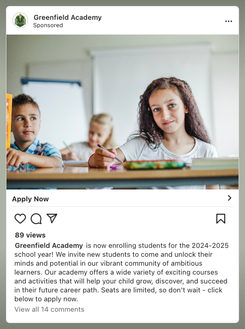 Private School Ad Strategies: Attract Prospective Parents image Greenfield Academy our fictional school Facebook ad example.