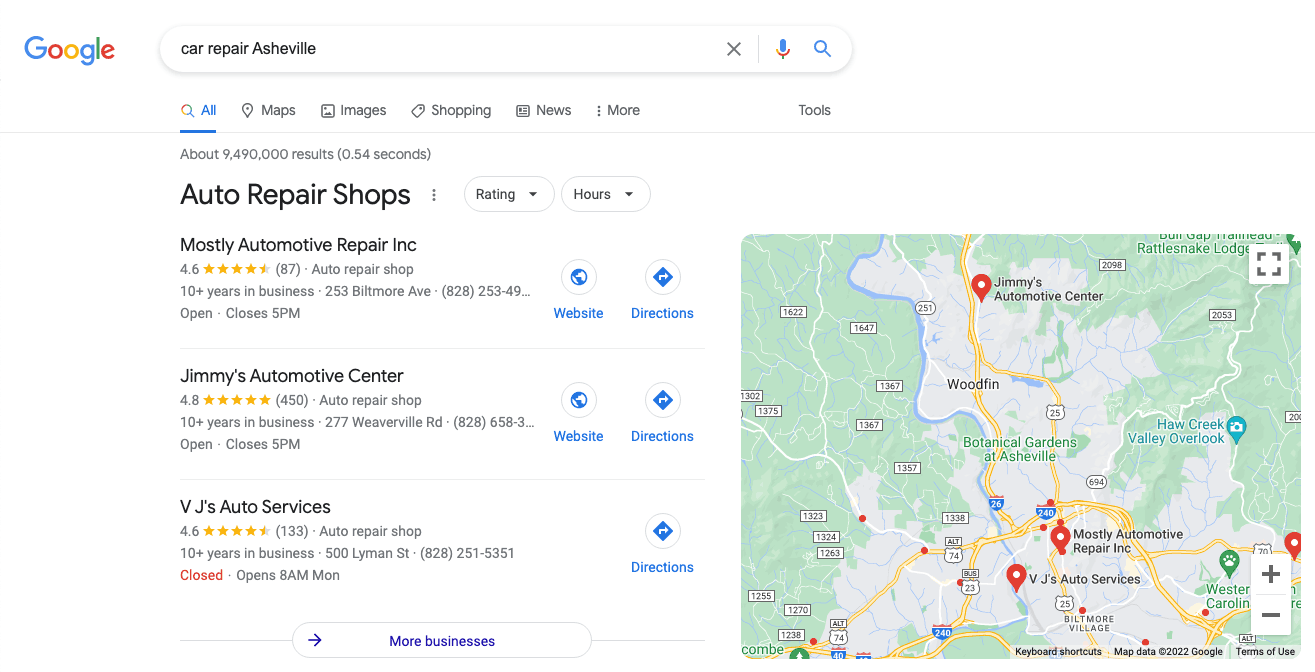 A Guide to Search Engine Marketing for Local Business image Google search for "Car Repair Asheville" map pack view
