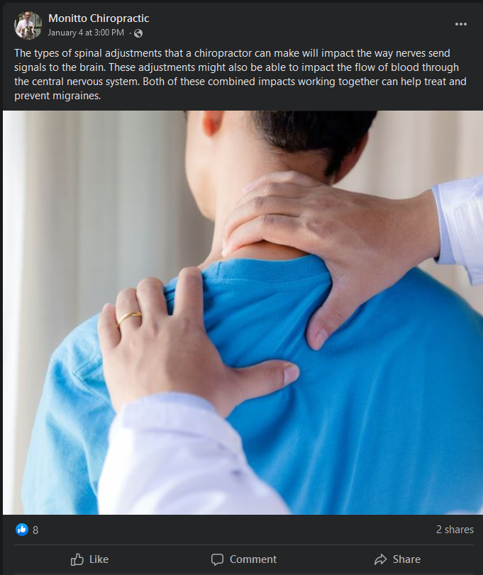 A Business Owner's Guide to Effortless Guide to Social image Facebook post of Chiropractor performing a spinal adjustment.