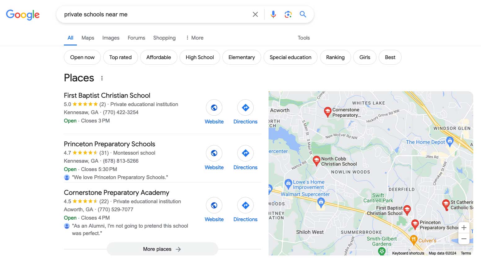 Top Local SEO Strategies for Private School Success image Private Schools Near Me Google Search Example: Searching for “private schools near me” yields a map and a local pack before the organic search results