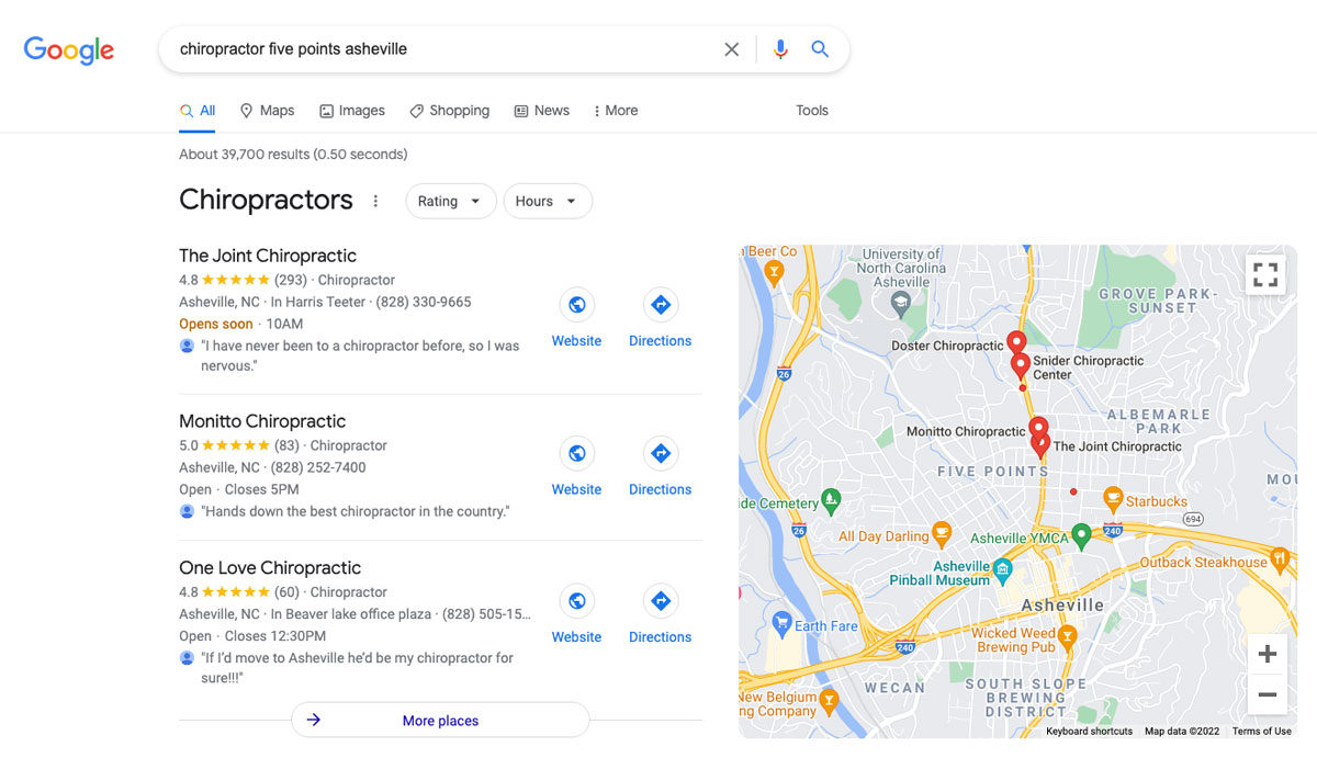 Local SEO Checklist; Cube Creative Design image Chiropractor in Five Points Asheville NC - Google SERPs