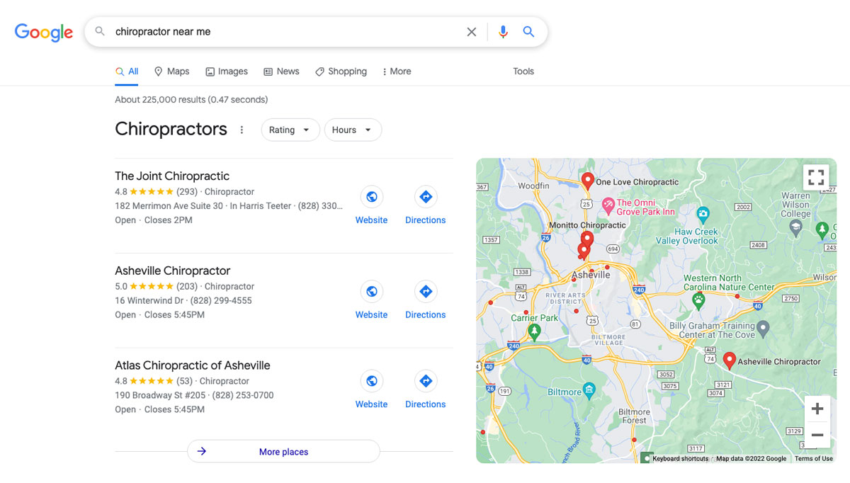 Local SEO Checklist; Cube Creative Design image Chiropractor in Near Me (Asheville NC) - Google SERPs